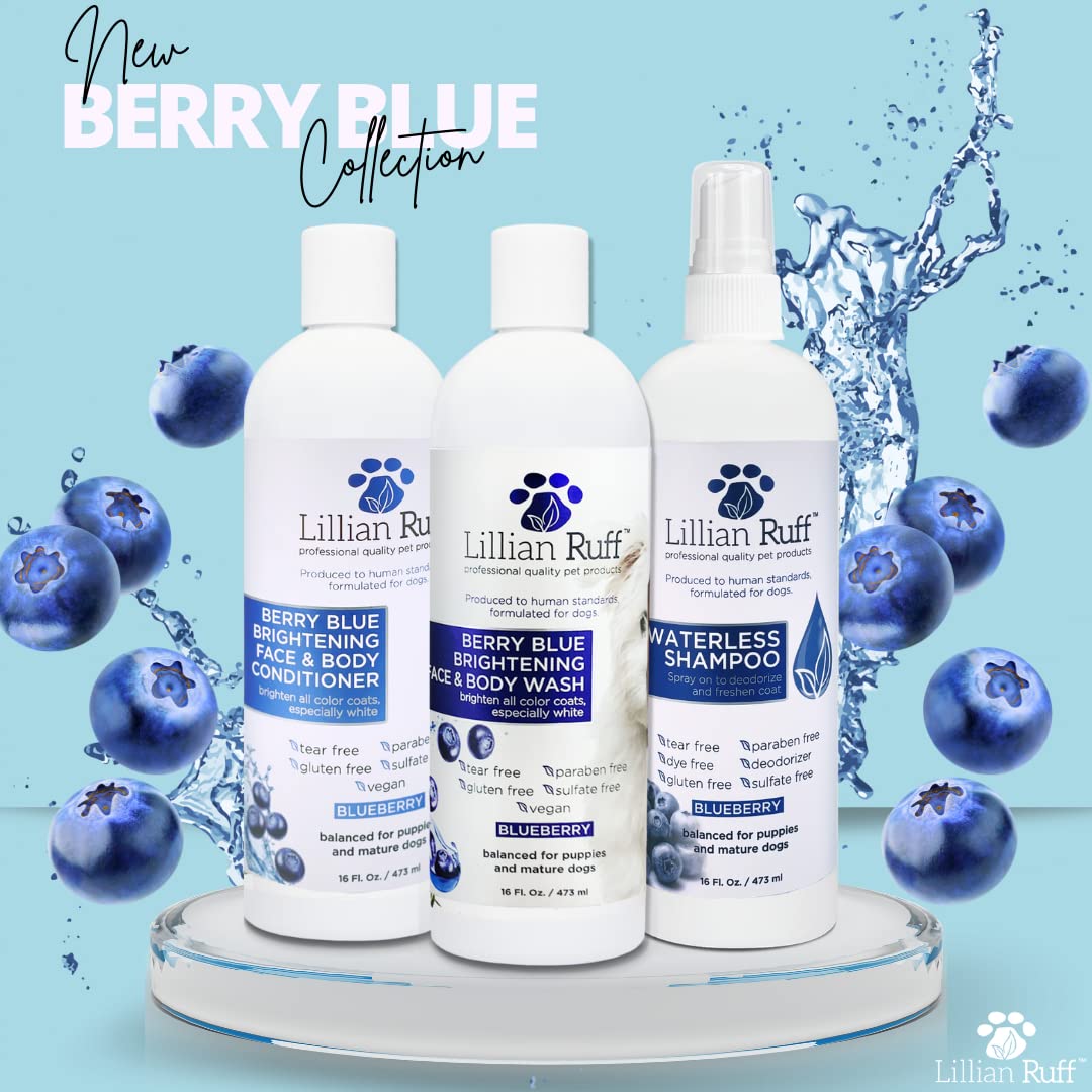 Lillian Ruff Waterless No-Rinse Dog Dry Shampoo Spray with Hydrating Essential Oils - pH-Balanced Dry Shampoo for Dogs - Clean, Condition, Detangle & Deodorize Dry, Sensitive Skin (Blueberry)