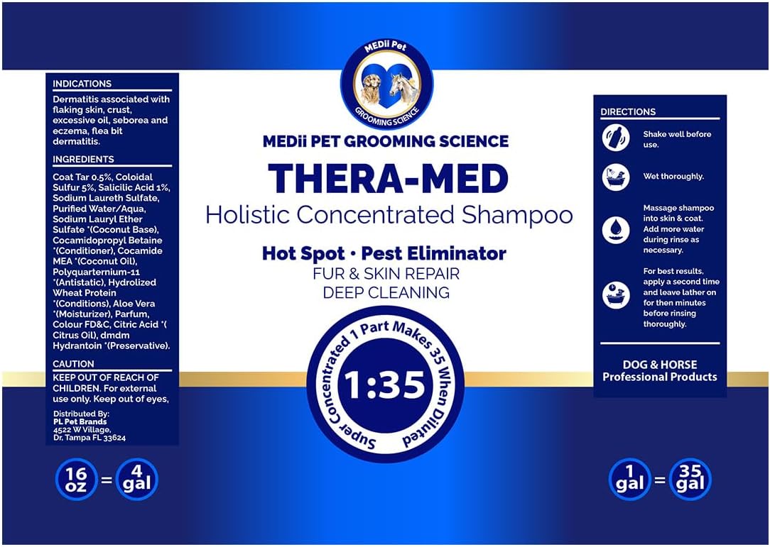 Medii Pet THERA-MED Hypoallergenic Dog Shampoo - Natural Scent, Easy Rinse, Medicated Itch Relief, Vet-Grade Quality - 16 Oz Makes 4 Gallons - for Sensitive Dogs - Trusted Grooming Solution
