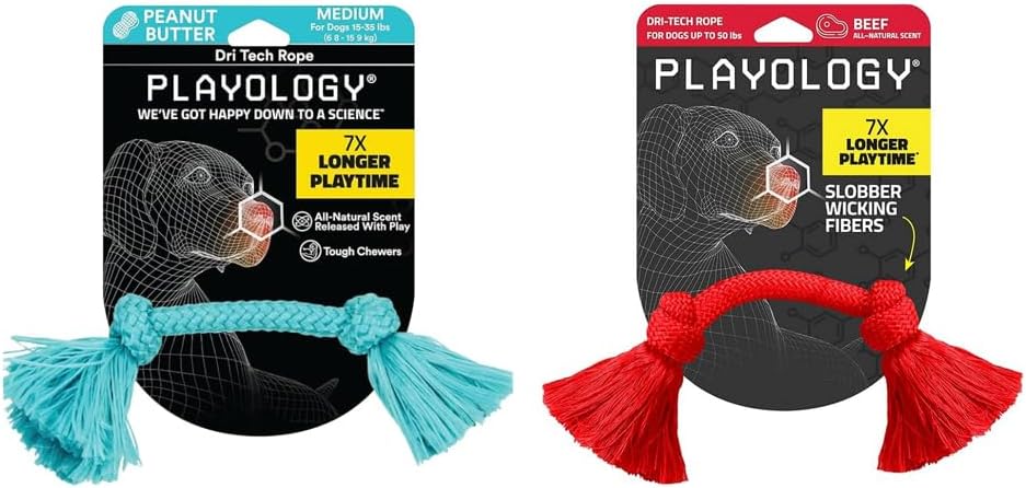Playology Dri Tech Rope Medium Chew Toy, Peanut Butter & Beef, 2-Pack