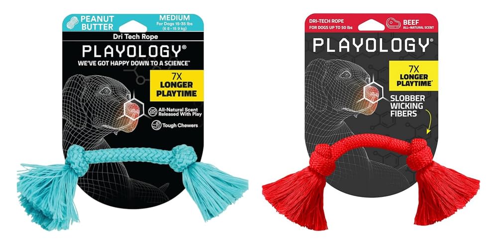Playology Dri Tech Rope Medium Chew Toy, Peanut Butter & Beef, 2-Pack