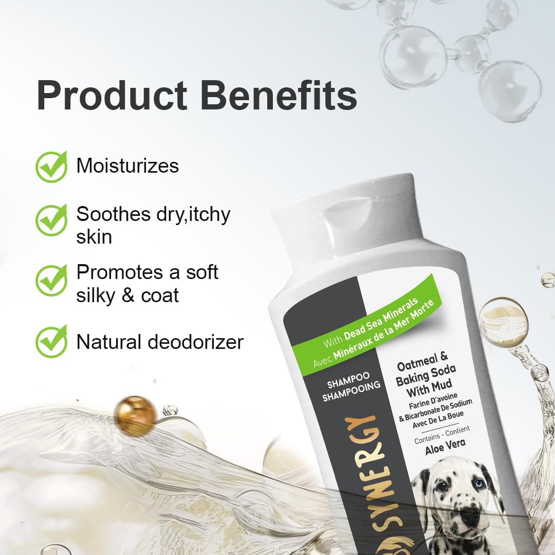 Spa Synergy Pet Dog Shampoo Mud and Natural Dead Sea Mineral Rich, Aloe Vera & Vitamin-E, Soothing Dry & Itchy Skin, Soften & Shiny Coat, Moisturizing - Oatmeal & Baking Soda - (1) Bottle 16.5 FL OZ