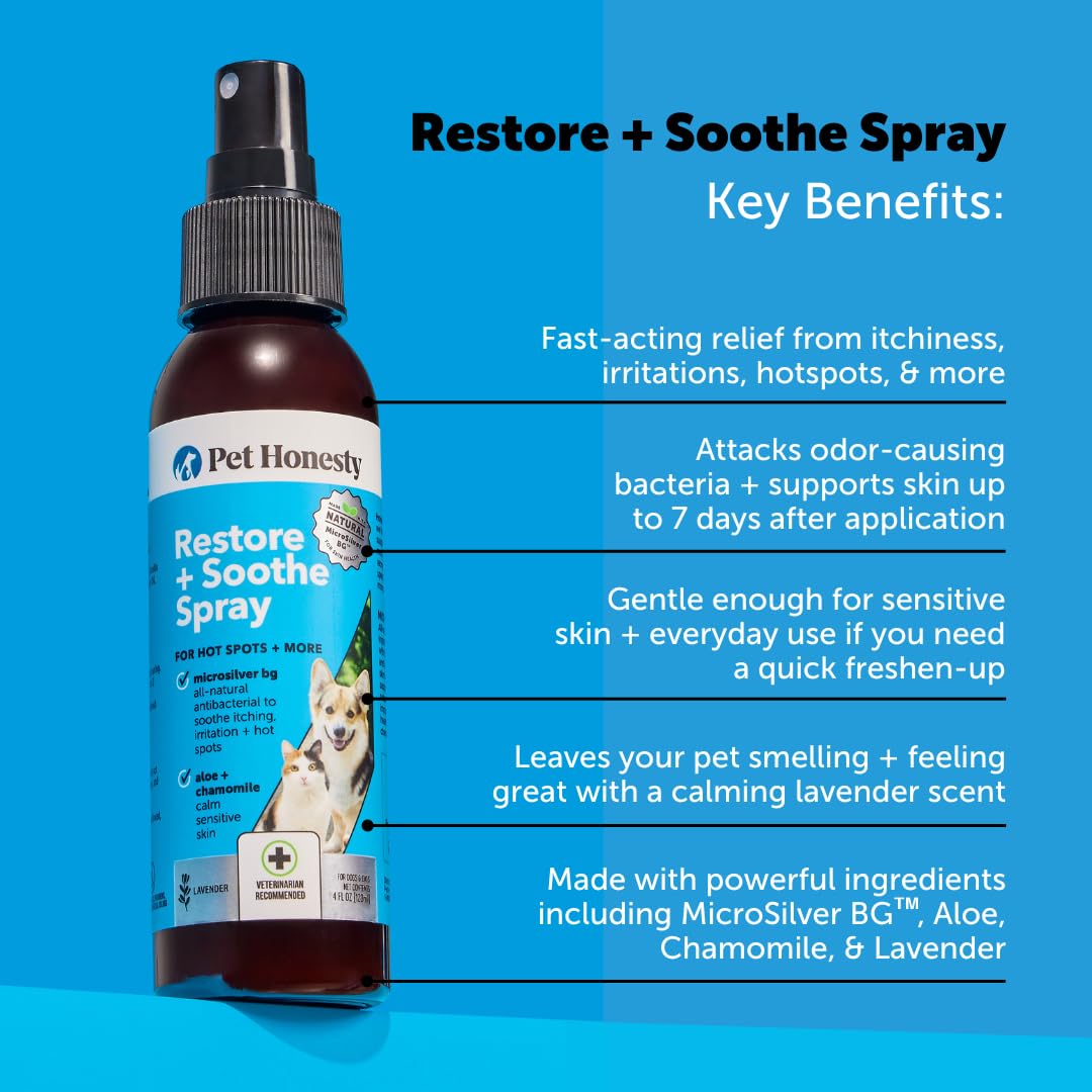 Restore + Soothe Hot Spots Spray for Dogs & Cats (Lavender) 4oz + Omega SkinHealth Chews for Dogs with Omega 3 Fish Oil and Salmon Oil for Healthy Skin, Itchy Skin Relief (90 Count)
