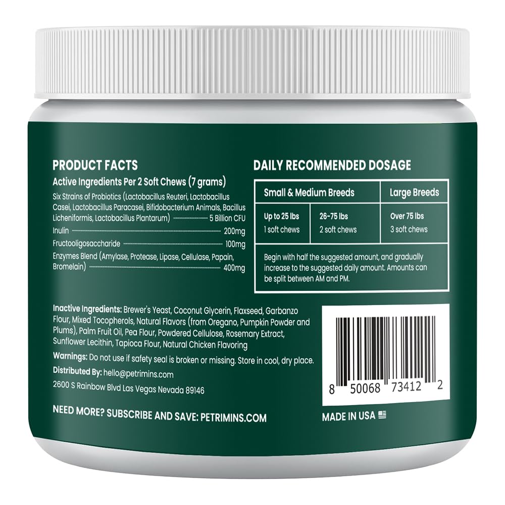 PetriMins Advanced Probiotic for Dogs, Supports Digestive Health, Immune Health, Gut Health, Improves Nutrient Absorption - Six Strains of Probiotics - Inulin - Enzyme Blend, 90-Count, Chicken
