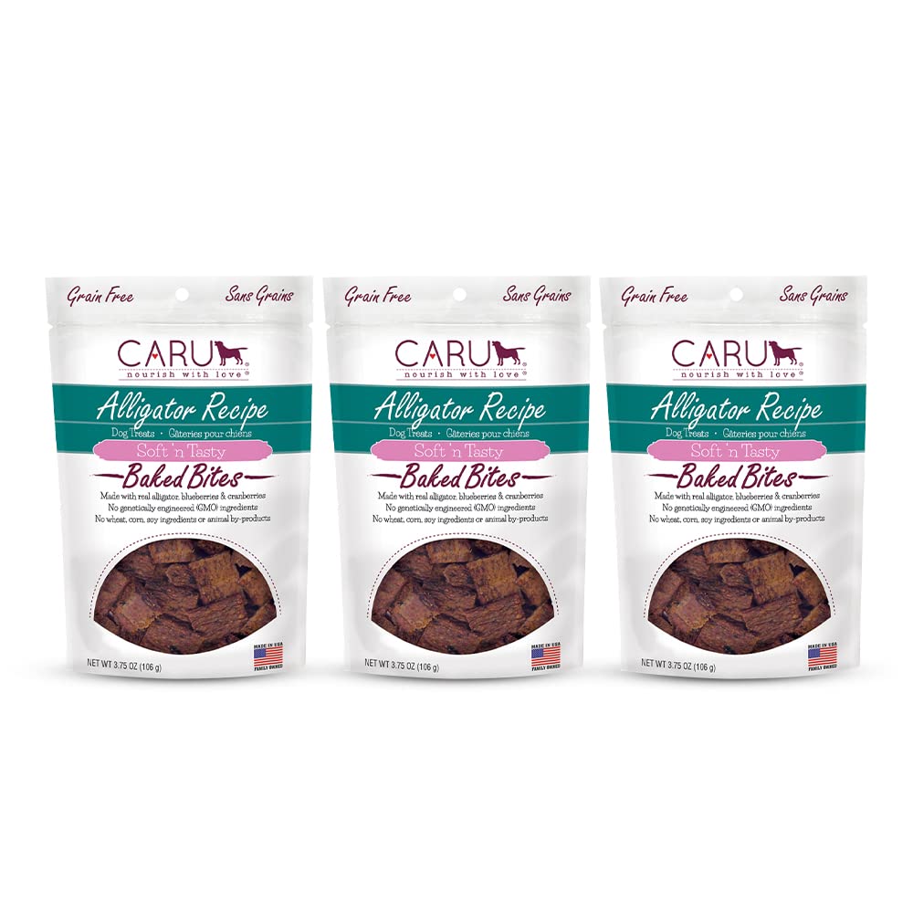 Caru - Soft n’ Tasty Baked Bites - Alligator Bites Dog Treats - Flavorful Training Treats - 3.75 oz Bags - Pack of 3