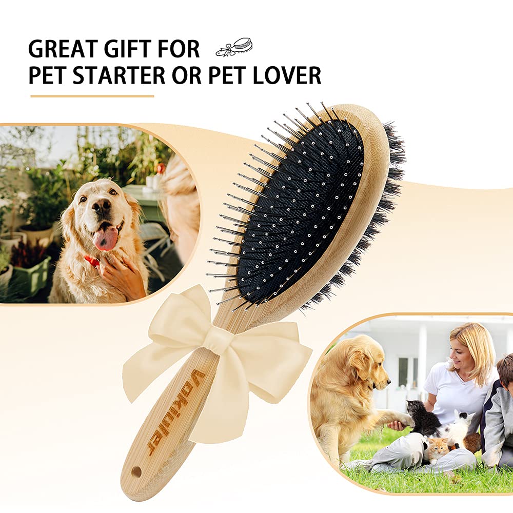 Dog Brush Cat Brush, Vokiuler Double Sided Bristle and Pin Pet Brush for Dog Grooming, Real Boar Bristle Shedding Brush with Bamboo Handle for Long Short Hair, 2 Pack Dog Comb, Black