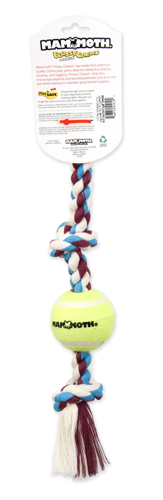 Mammoth Flossy Chews Color 3 Knot Tug w/Standard Tennis Ball – Premium Cotton-Poly Tug Toy for Dogs, Interactive Rope Dog Toy for Medium Dogs - 20” , Multi color
