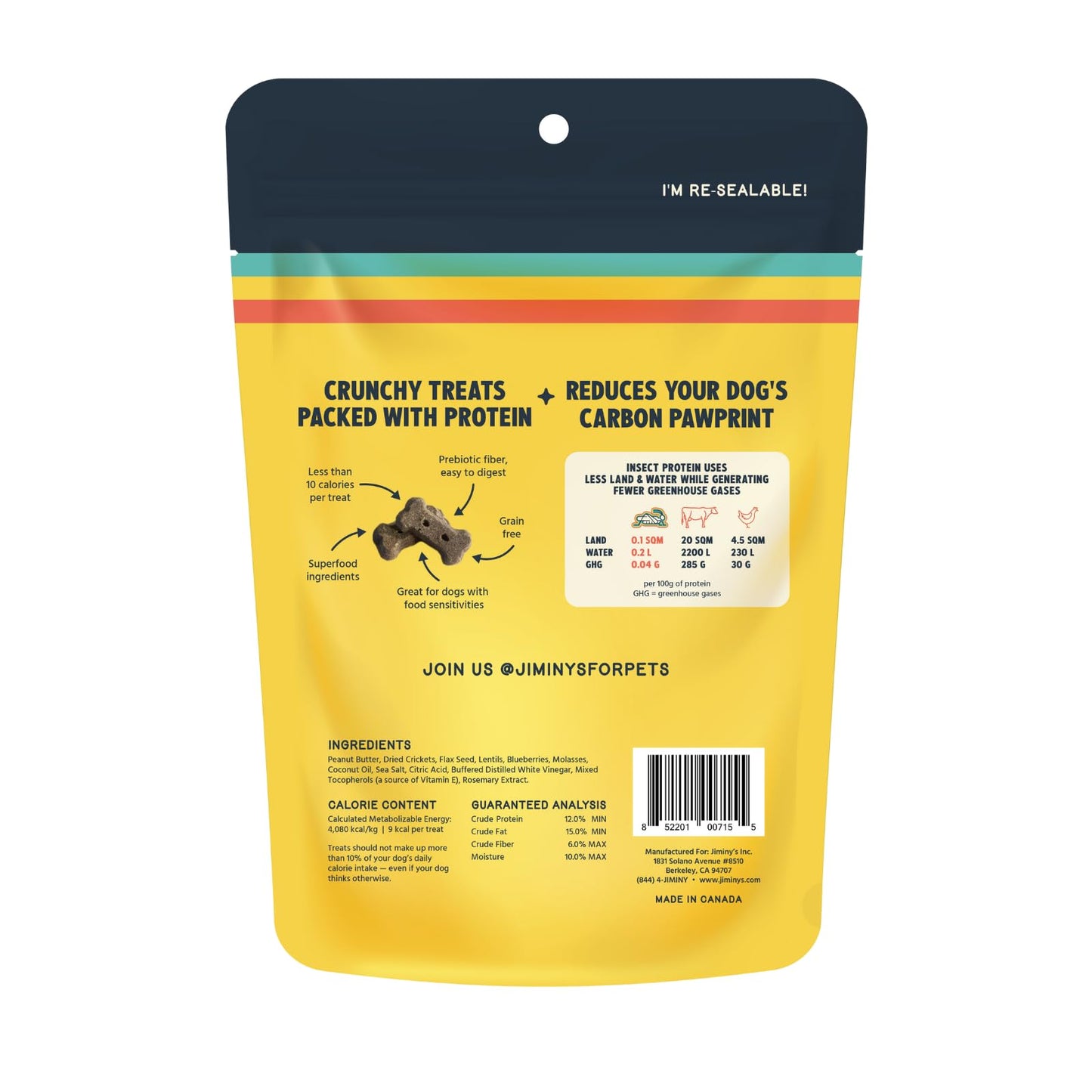 Jiminy's Crunchy Peanut Butter & Blueberry Dog Treat, Hypoallergenic, Prebiotic, Tummy Friendly, Low Calorie, Alternative Cricket Protein, Sustainable, 5oz (Pack of 1)