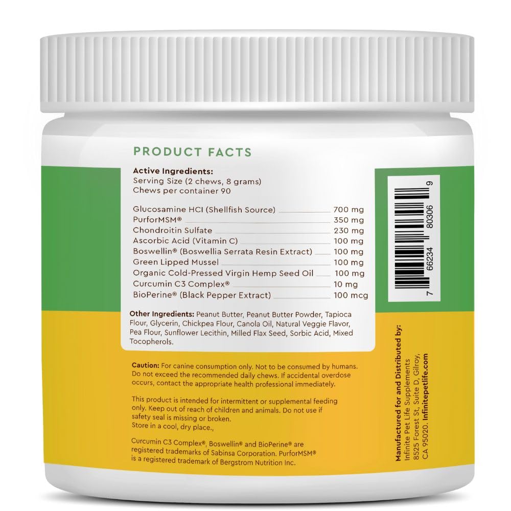 Infinite Pet Life Ultimate Hip & Joint Chews for Dogs – Peanut Butter Flavor – Glucosamine, Chondroitin, MSM & Turmeric – Advanced Joint Support for Dogs 90 Soft Chews