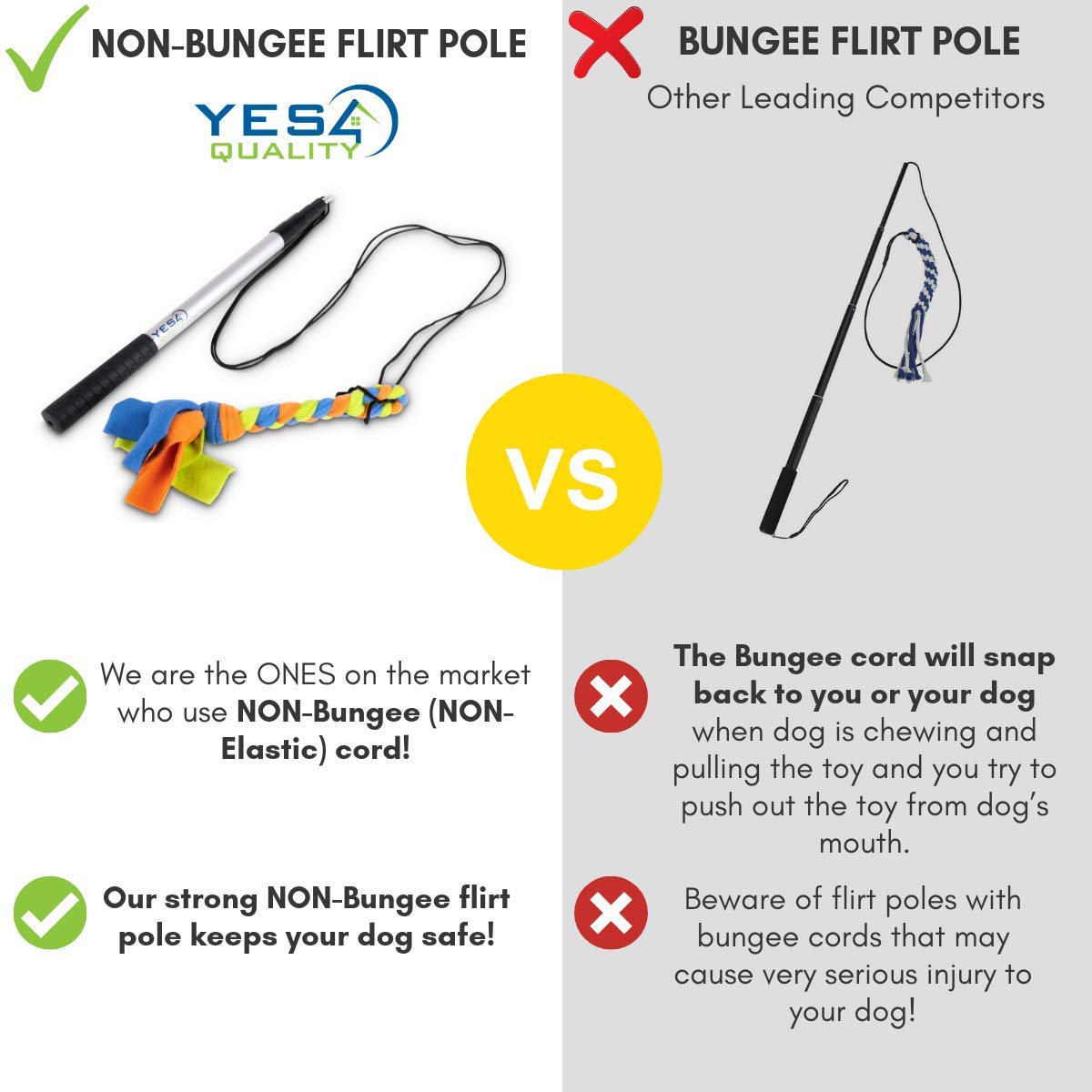 YES4QUALITY Flirt Pole for Dogs - Safe & Strong for Large Breeds w/Non-Bungee Cord - Spring Pole for Tug of War, Interactive Play & Puppy Training - Heavy-Duty Teaser Wand for Outdoor Exercise