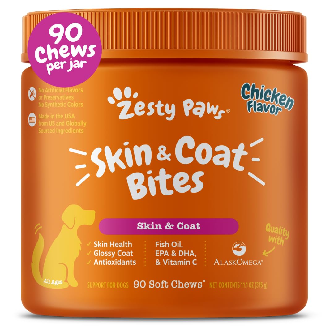 Zesty Paws Omega 3 Alaskan Fish Oil Chew Treats for Dogs - with AlaskOmega for EPA & DHA Fatty Acids - Hip & Joint Support + Skin & Coat Chicken Flavor (90 Soft Chews)