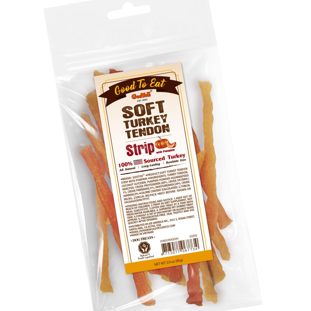 Gootoe Soft Turkey Tendon Stirip with Pumpkin 3oz, Chewy Snack, USA-Sourced Turkey Tendon, Premium Training Chews, Hypoallergenic, Reseal Value Bags, Ideal for Small & Senior Dogs