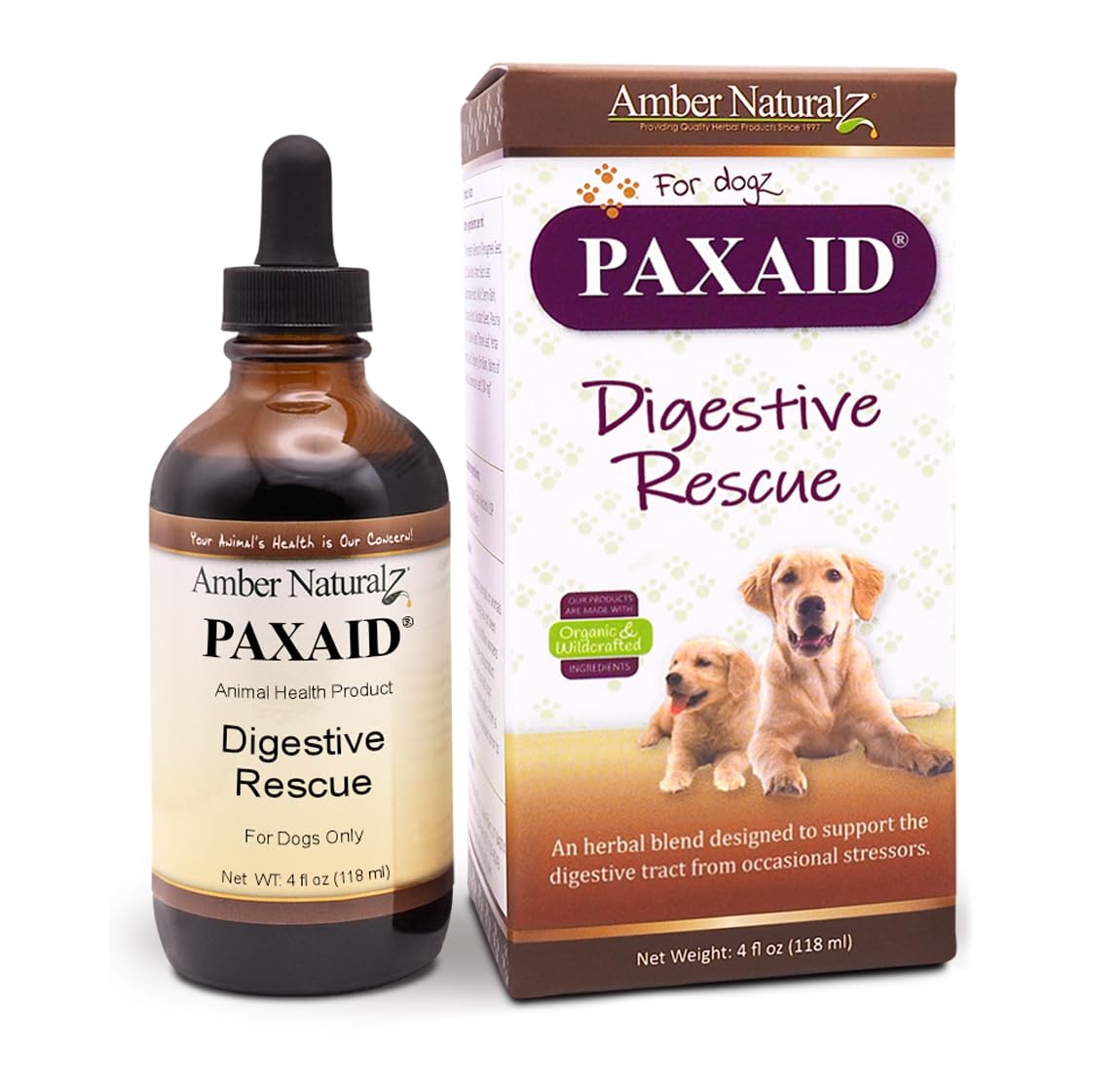Amber NaturalZ Paxaid Digestive Rescue Herbal Supplement for Dogs and Puppies | Canine Herbal Supplement for Occasional Digestive Upset Support | 4 Fluid Ounce Glass Bottle | Manufactured in The USA