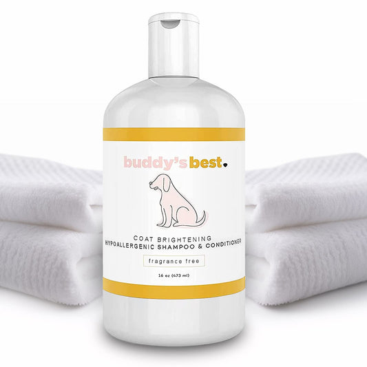 Buddy's Best Dog Shampoo and Conditioner - Gentle Dog Shampoo & Conditioner with Oatmeal Ingredient for Dry and Sensitive Skin - Moisturizing Puppy Wash Shampoo, Fragrance-Free, 16oz