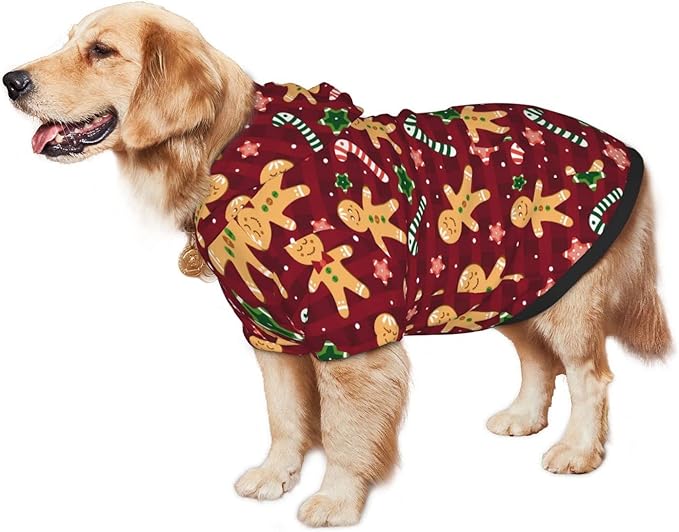 Christmas with Gingerbread Men, Candies Hoodie,Christmas Cosplay Dog Clothes with Pocket and Hat Winter Clothes Sweaters Large