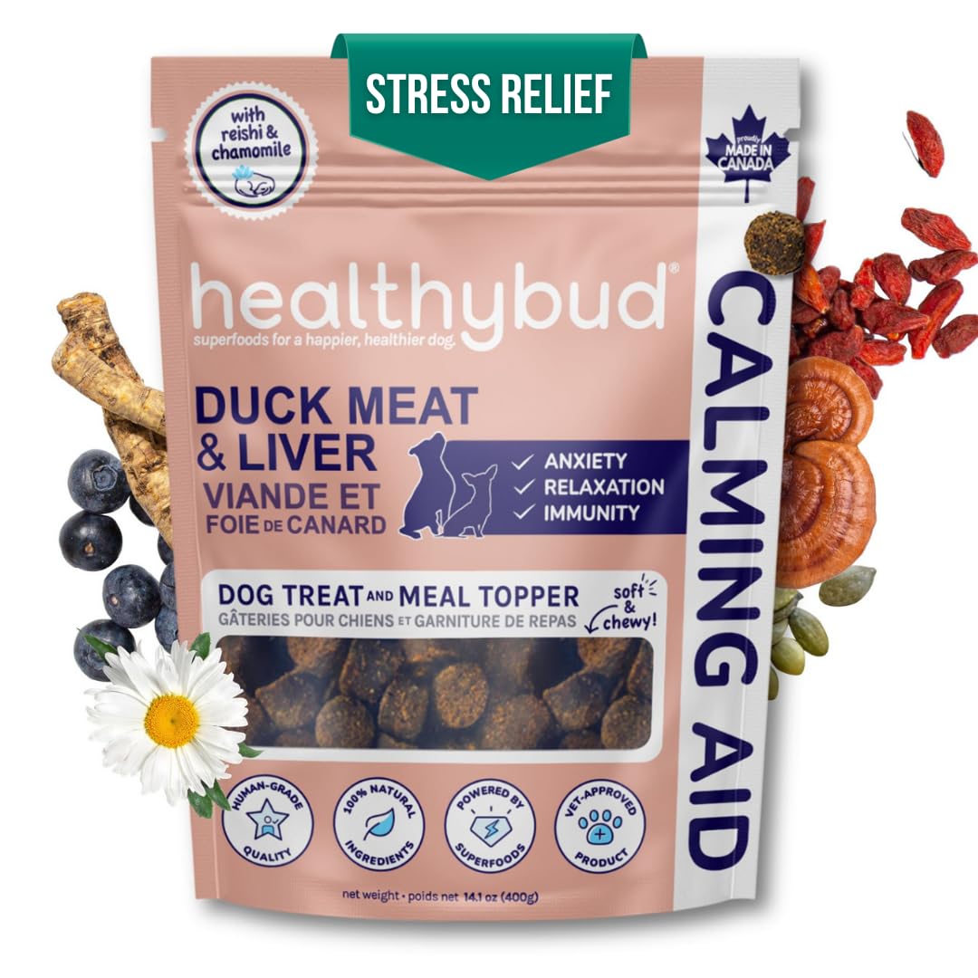 healthybud Calming Aid, Natural Duck Dog Treats & Toppers for Stress Relief - Dog Separation Anxiety, Stress Reduction, Aggression Relief - Support Calm, Immunity Health (14.1 Ounces)