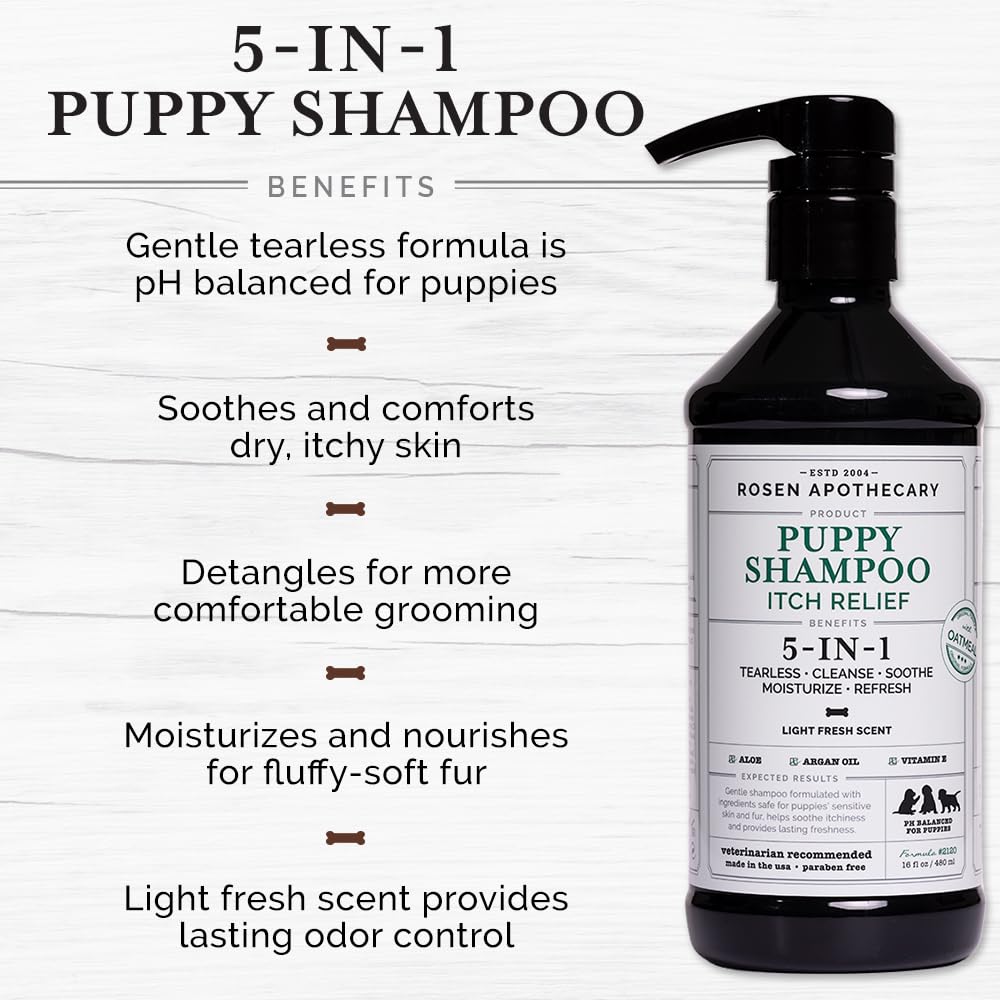 Rosen Apothecary 5-in-1 Itch Relief Puppy Shampoo - Tearless Shampoo for Puppies Cleanses, Soothes, Refreshes and Moisturizes While Offering Itch Relief, 480ml