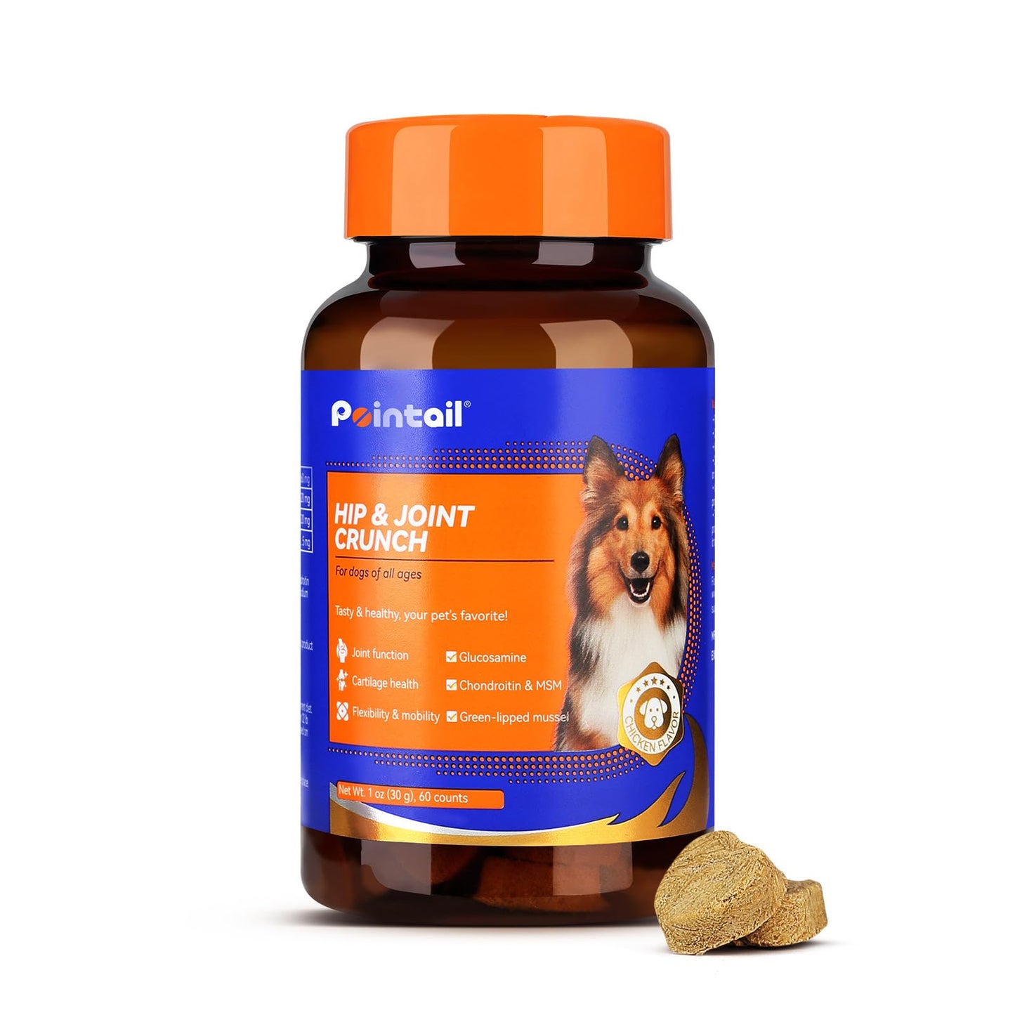 Pointail Dog Joint Supplement Large Breed, Glucosamine for Dogs Chondroitin, MSM, Green-Lipped Mussel Hip & Joint Care Dog Pain Relief Anti Inflammatory, Senior Cartilage Bone Health Mobility Chew