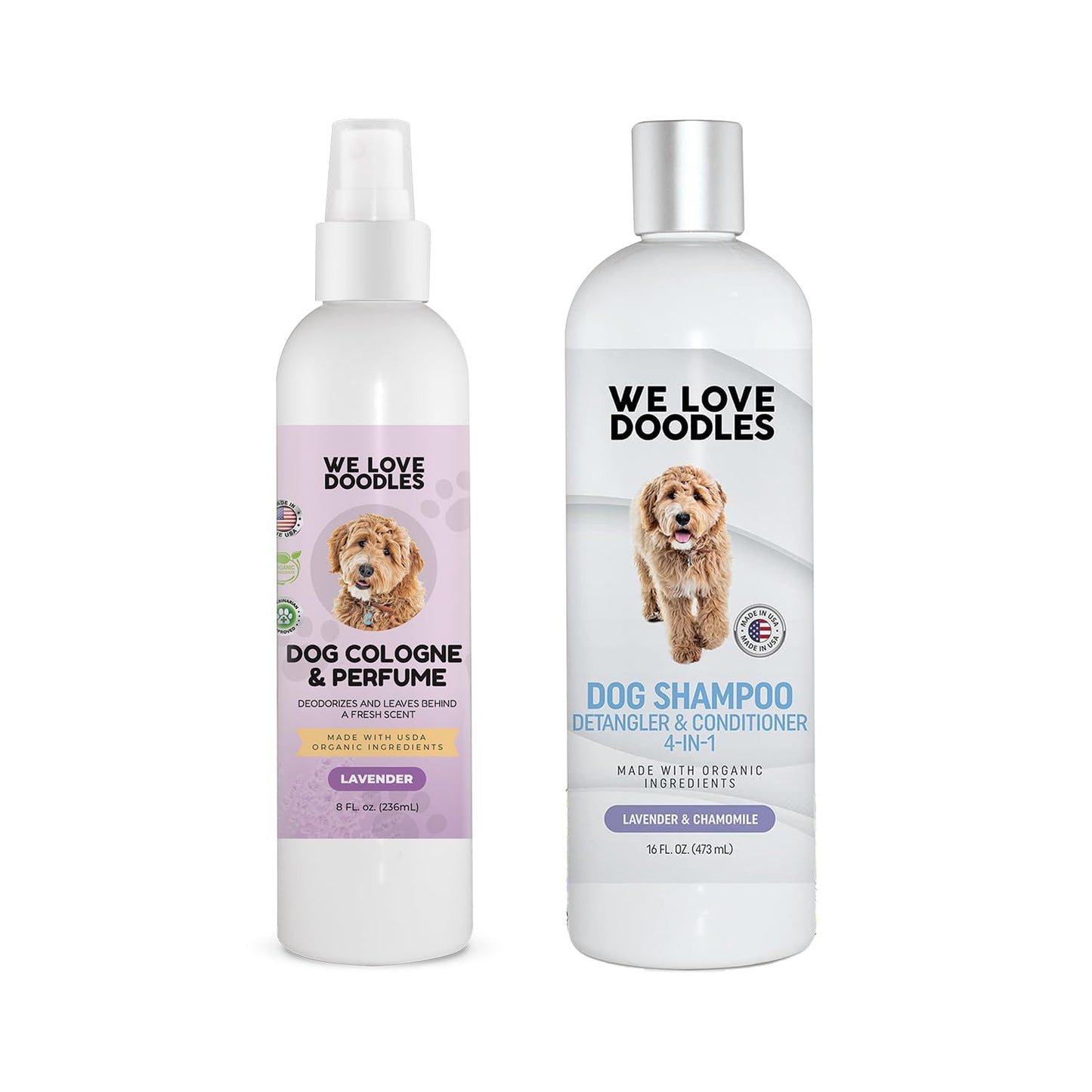 We Love Doodles Dog Cologne & Perfume and 4-in-1 Dog Shampoo, Conditioner & Detangler (Lavender) Bundle - Deodorant For Smelly Dogs & Shampoo for Goldendoodles, Poodles & Doodles Kit - Made In USA