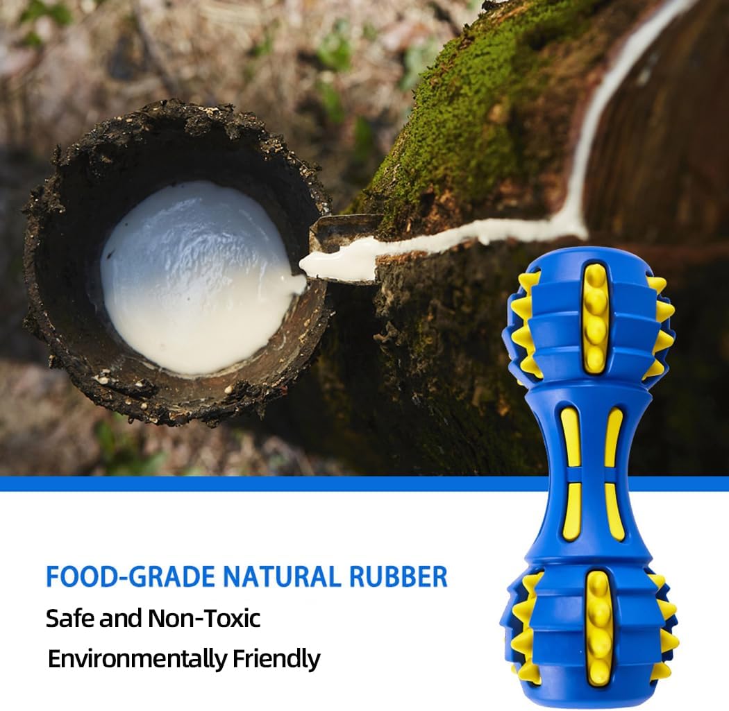 AUSCAT Teething Dog Toys, Durable Squeaky Dog Toys, Rubber Chew Toys for Dogs, Dumbbell Shape, Blue