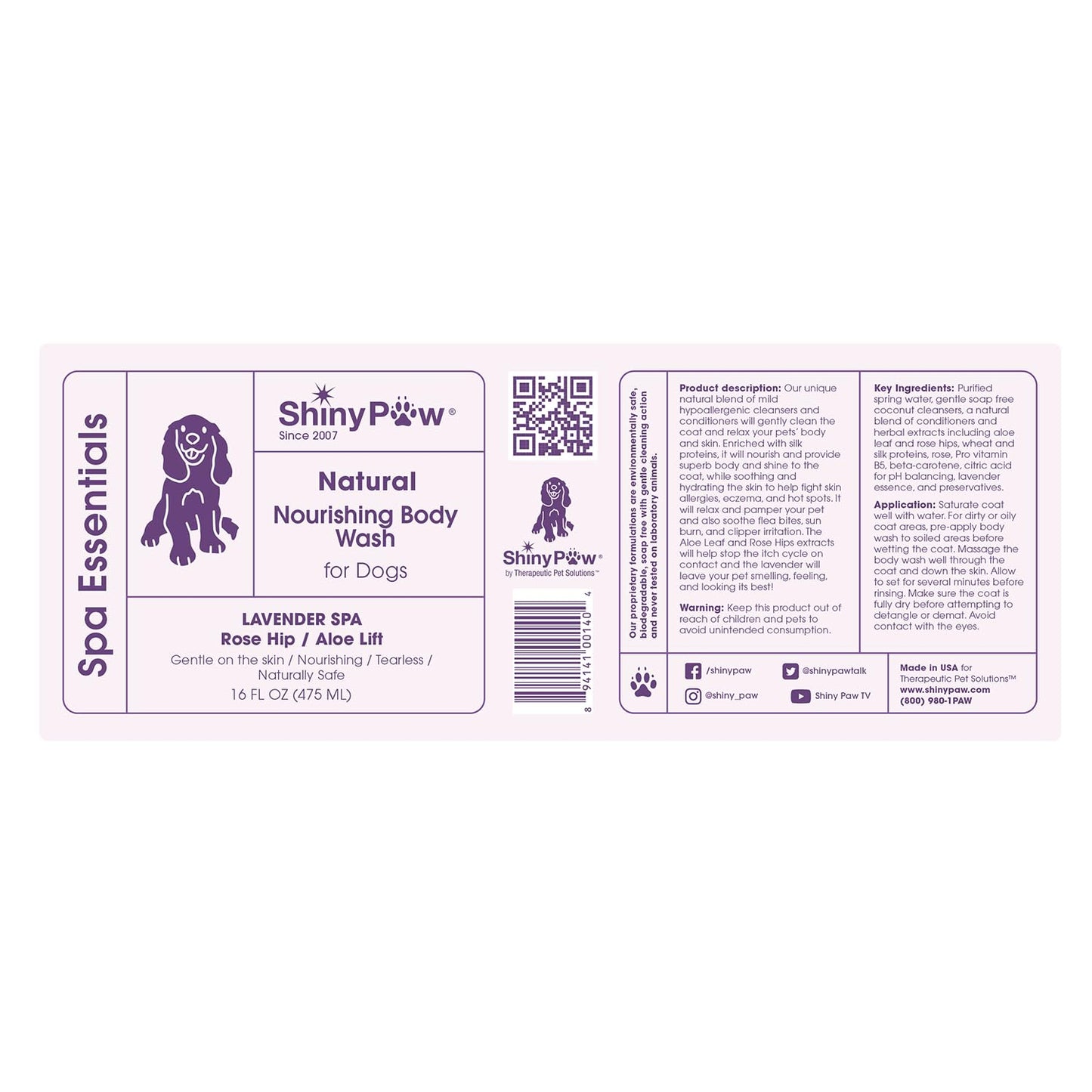 Lavender Shampoo Spa Essentials Nourishing Dog Body Wash by Shiny Paw (16 oz) | Anti Itch Shampoo for Dogs | Dog Bath Coat Cleansing for Dogs | Made in The USA
