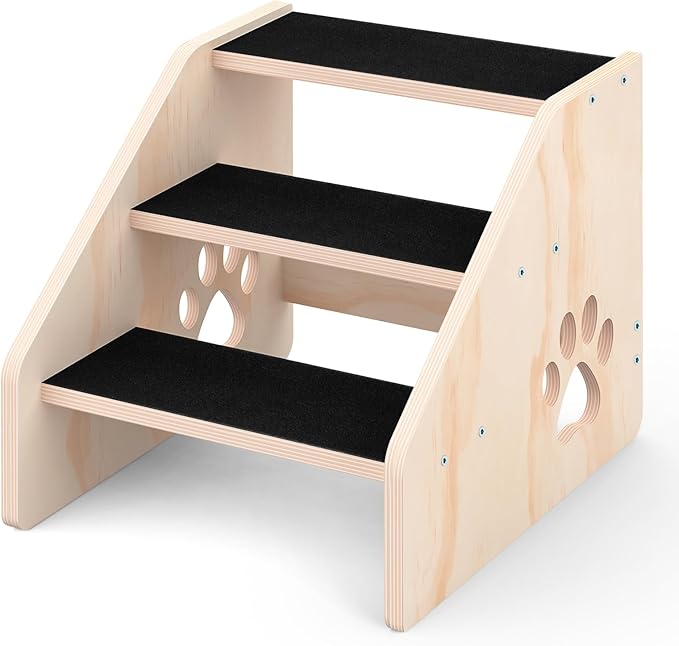 Dog Stairs, Wooden 3-Step Dog Ramp for Small Medium Large Older Cat, Puppy Essentials Pet Step Ladder for High Bed Couch Car