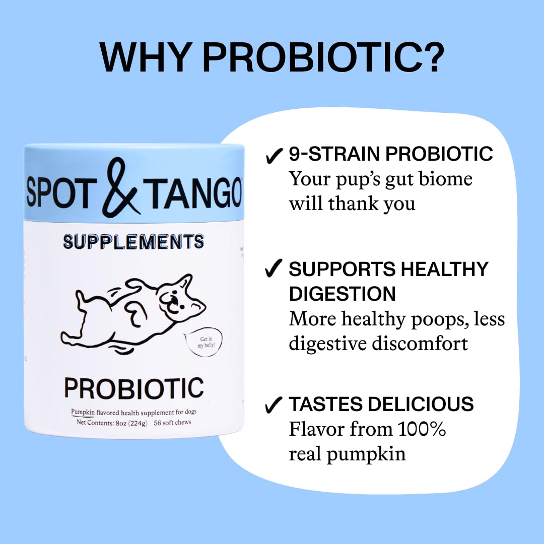 Spot & Tango Probiotics Supplements for Dogs - Vet-Approved for Healthy Digestion and Balanced Gut - Pumpkin, Turmeric, Chicory Root, Black Pepper, Nine-Strain Probiotic Blend, 56 Count