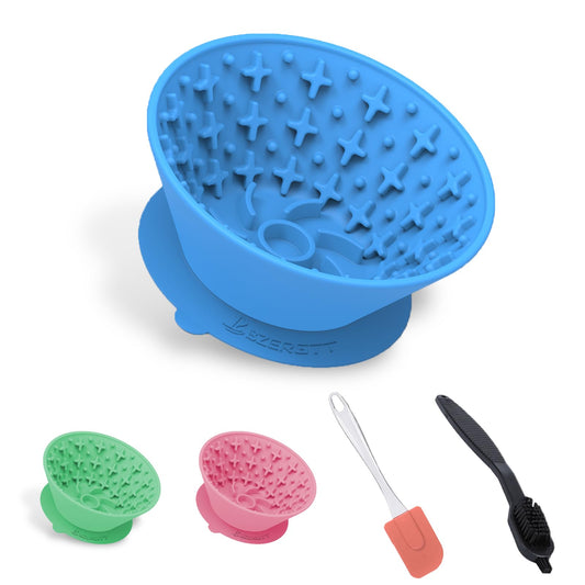 Dog Lick Bowl – Silicone Lick Mat for Dogs with Freeze Bone, Slow Feeder, Non-Slip Base, Includes Brush & Scraper, Large Opening for Anxiety Relief & Oral Health, Ideal for Frozen Treats (Blue)