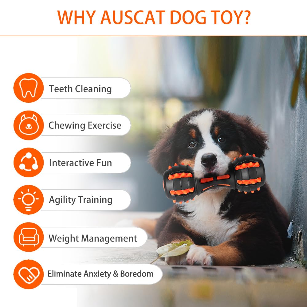 AUSCAT Teething Dog Toys, Durable Squeaky Dog Toys, Rubber Chew Toys for Dogs, Dumbbell Shape, Blue and Black
