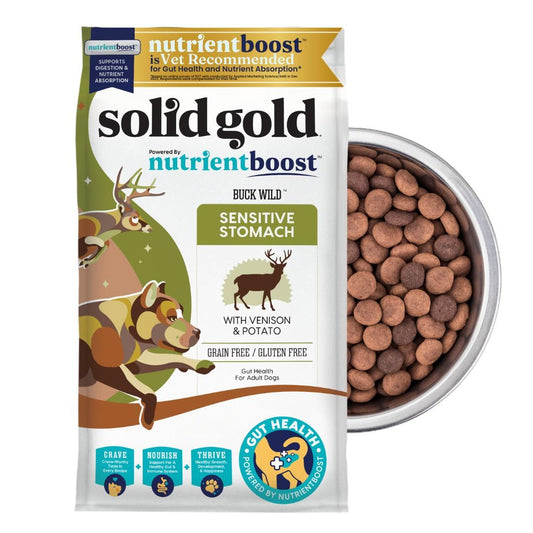 Solid Gold Dry Dog Food for Sensitive Stomachs - Grain Free & Gluten Free w/Venison, Pumpkin & Probiotics for Gut Health & Digestion - Sensitive Stomach Dog Food for All Ages - Nutrientboost –3.75LB