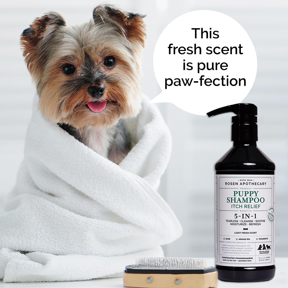 Rosen Apothecary 5-in-1 Itch Relief Puppy Shampoo - Tearless Shampoo for Puppies Cleanses, Soothes, Refreshes and Moisturizes While Offering Itch Relief, 480ml