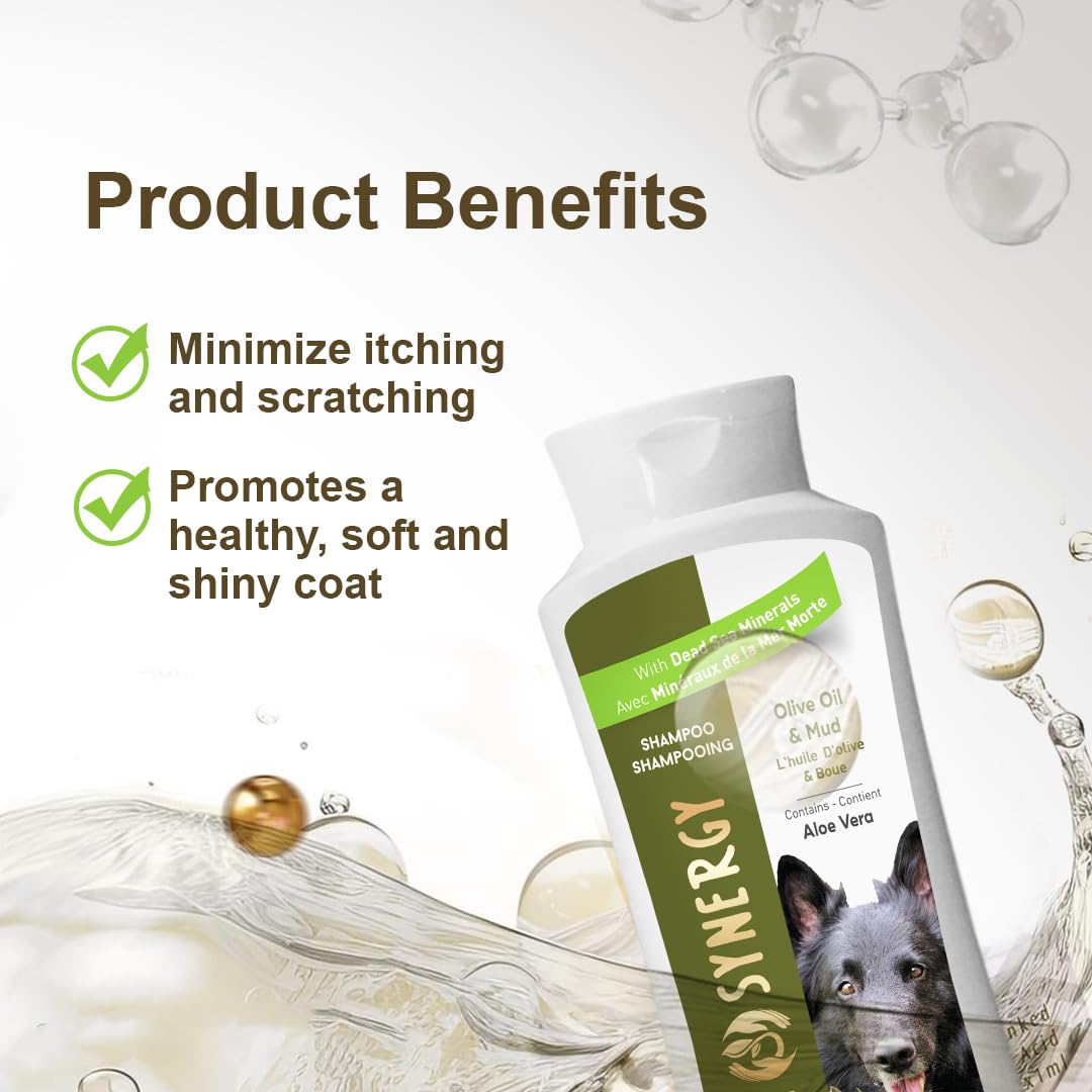 Spa Synergy Pet Dog Shampoo Mud and Natural Dead Sea Mineral Rich, Aloe Vera & Vitamin-E, Anti-itching, Soften & Shiny Coat, Moisturizing - Olive Oil - (1) Bottle 16.5 FL OZ