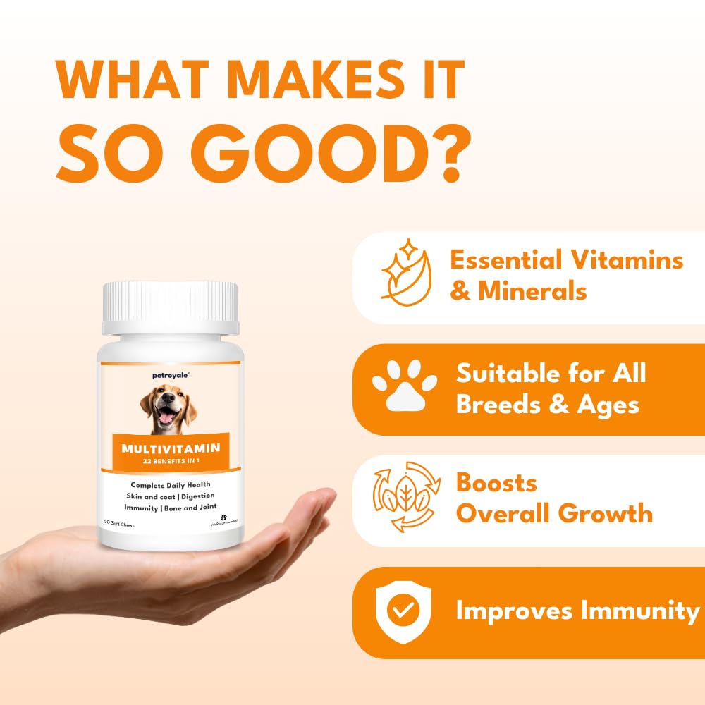 Petroyale Multivitamin Chews for Dogs - 22 in 1 Multivitamins for Dogs - Dog Multivitamins Chewable with Probiotics - Puppy & Senior Dog's Vitamins - Daily Dog Multivitamin Supplement - 50 Chews