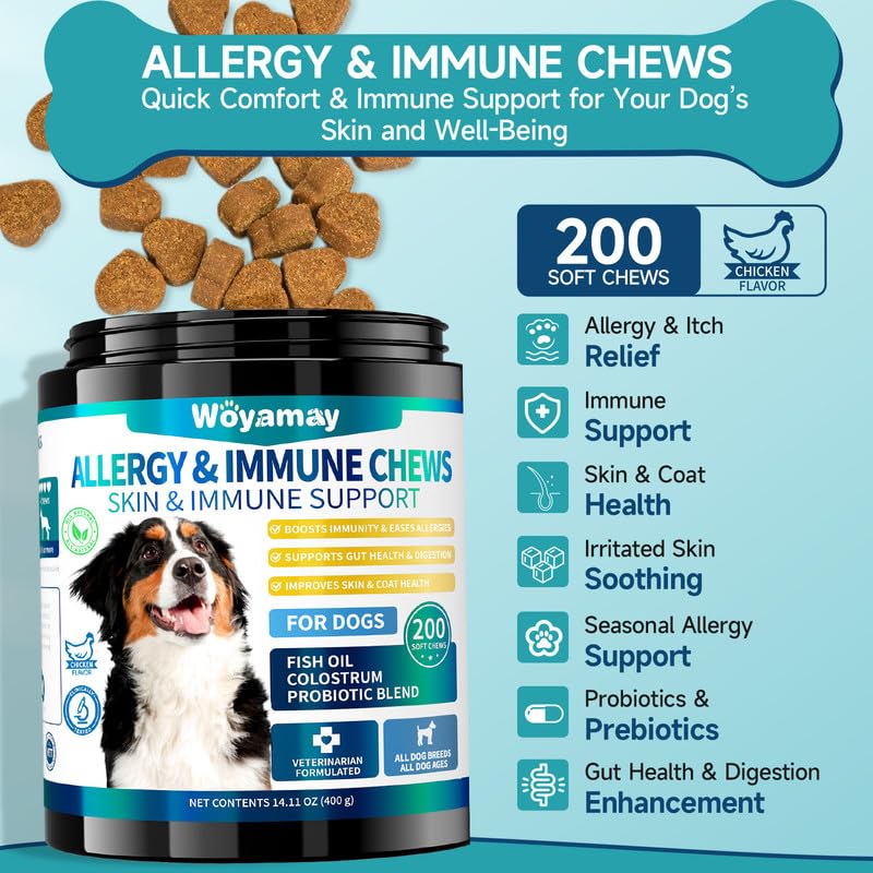Woyamay 200 Dog Allergy Relief Chews for Dogs Itchy Skin Relief, Anti Itch for Dogs Ears & Paw Relief, Itchy Dog Skin Relief for Seasonal Allergy, Omega 3 Fish Oil, Turmeric & Colostrum Immune Support