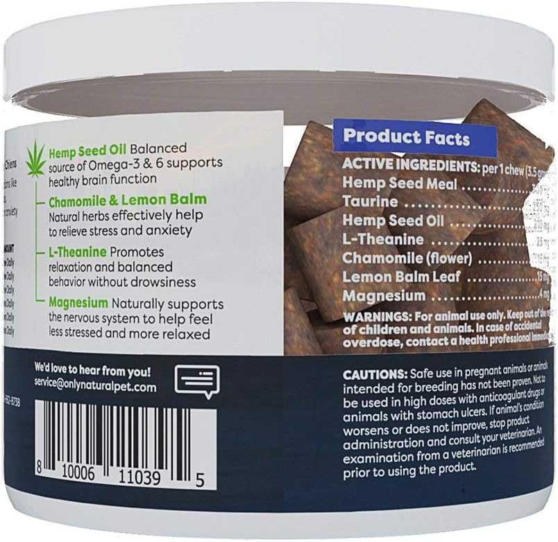 Only Natural Pet - Natural Hemp Soft Chew Bites for Dog Stress & Anxiety Relief - L-Theanine, Chamomile & Lemon Balm - Hemp Oil Calming Chews for Dogs - 60 Count