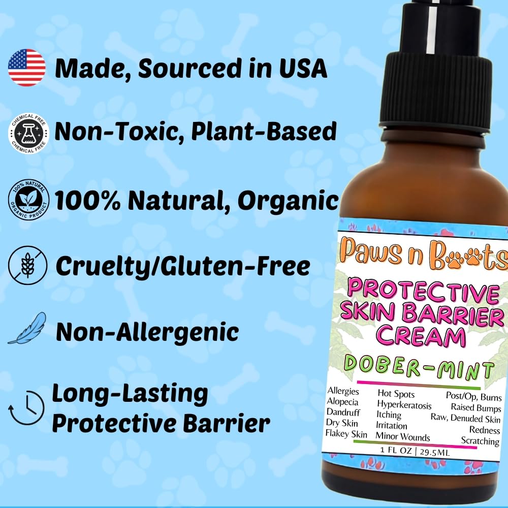Protective Skin Barrier Cream Best Itchy Skin Relief for Dogs. Holistic Treatment, 100% Natural. Fast-Drying, Mess-Free Enriching Antioxidants, Relieves Itching, Hot Spots, Paw-Licking. Dober-Mint