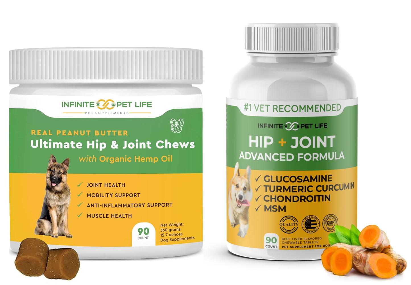 Infinite Pet Life Hip & Joint Supplement Bundle for Dogs - Glucosamine, Chondroitin, MSM & Turmeric Chews (90 Chewable Tablets + 90 Peanut Butter Soft Chews) - Relieves Pain and Enhances Mobility