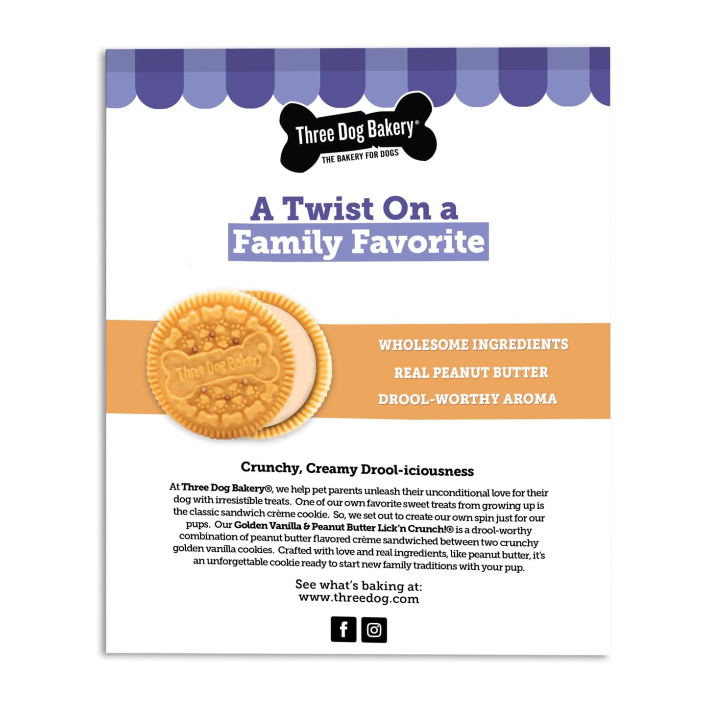 Three Dog Bakery Lick'n Crunch Sandwich Cookies Premium Dog Treats with No Artificial Flavors, Golden & Peanut Butter Flavor, 13 Ounces (Pack of 6)