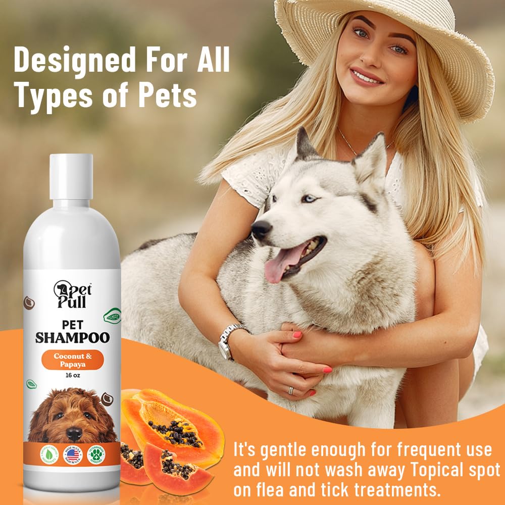 Pet Pull Pet Shampoo for Dogs - Plant-Based Dog Shampoo Cleanser - Dog Wash Pet Supplies for Pets with Coconut and Papaya Scent - Safe and Gentle Sensitive Skin Dog Shampoo - Made in The USA (16Oz)