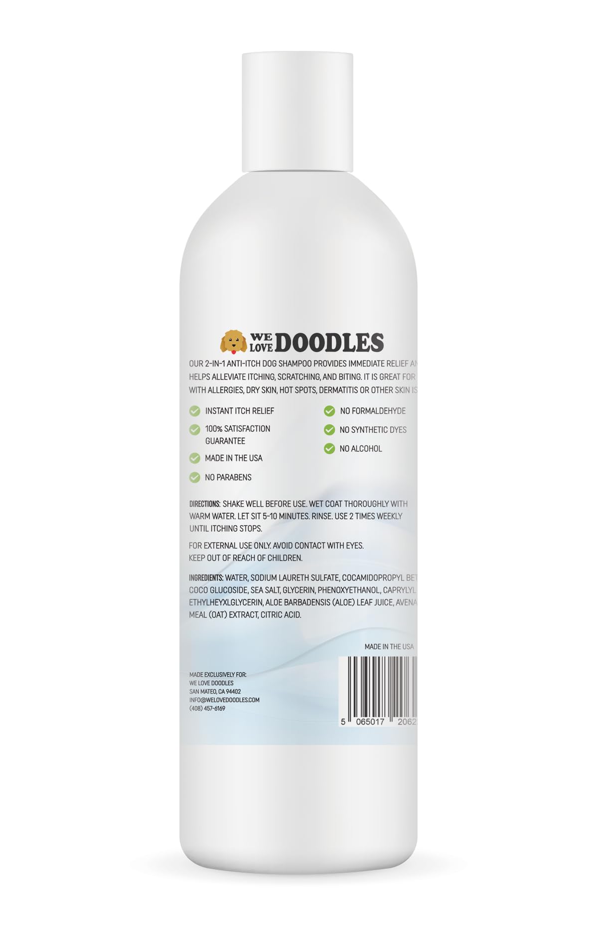 Premium Anti Itch Dog Shampoo for Sensitive Skin, Made in USA, Dry Skin Treatment for Dogs, Great for Allergies, Itching, Hot Spots, Natural Ingredients & Allergy Relief, 16 OZ [We Love Doodles]