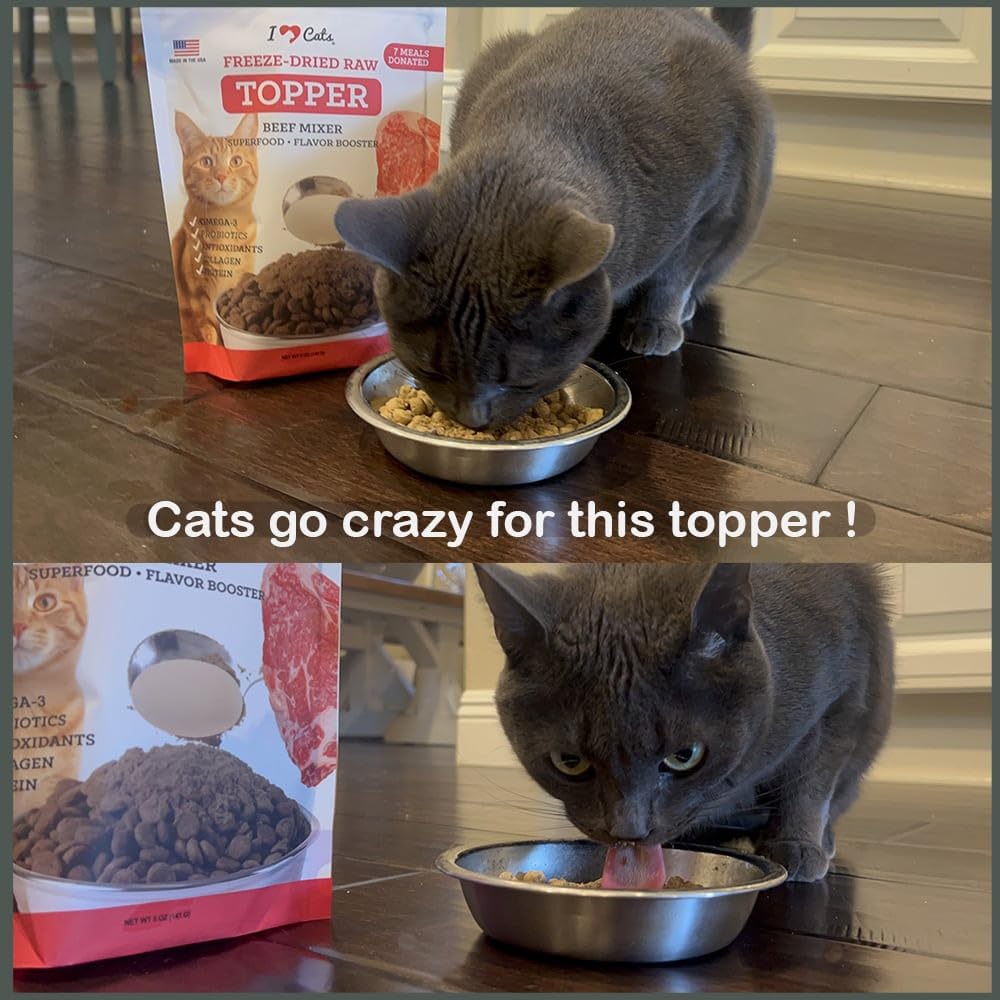 iHeartCats Nutrition Boost Beef Cat Food Topper & Seasoning - Tasty Freeze Dried Beef with Probiotics, Collagen, Salmon Oil, Blueberries & Carrots - 5 oz