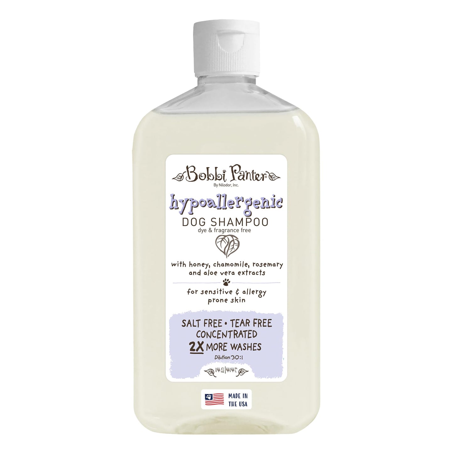 Bobbi Panter Hypoallergenic Dog Shampoo 14 Oz., Dye & Fragrance-Free, Paraben-Free, pH Balanced, Tear-Free, Aloe Vera & Honey Extract, Made in USA, Concentrated 30:1, Made in The USA