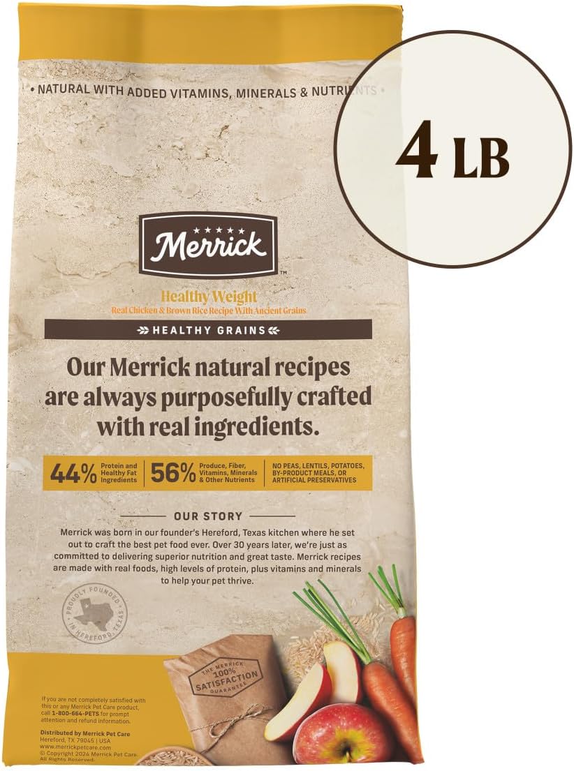 Merrick Healthy Grains Premium Adult Dry Dog Food, Wholesome and Natural Kibble, Healthy Weight Recipe - 4.0 lb. Bag