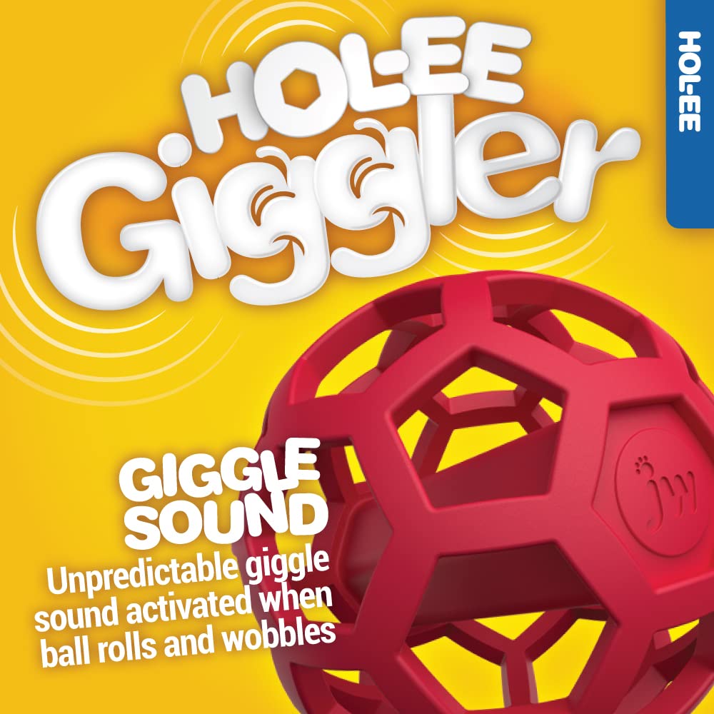 JW Pet HOL-ee Giggler Dog Toy Puzzle Ball, Natural Rubber, Medium (4.5 Inch Diameter), Red (Pack of 2)