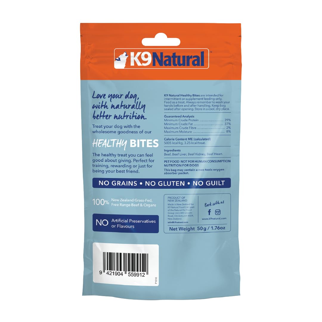 K9 Natural, Freeze-Dried Single Ingredient Dog Treats, High-Value, Low-Calorie Protein Bites for Active Dogs, Healthy Dog Training Treats, Grain-Free Reward, Beef & Organs, 1.76oz