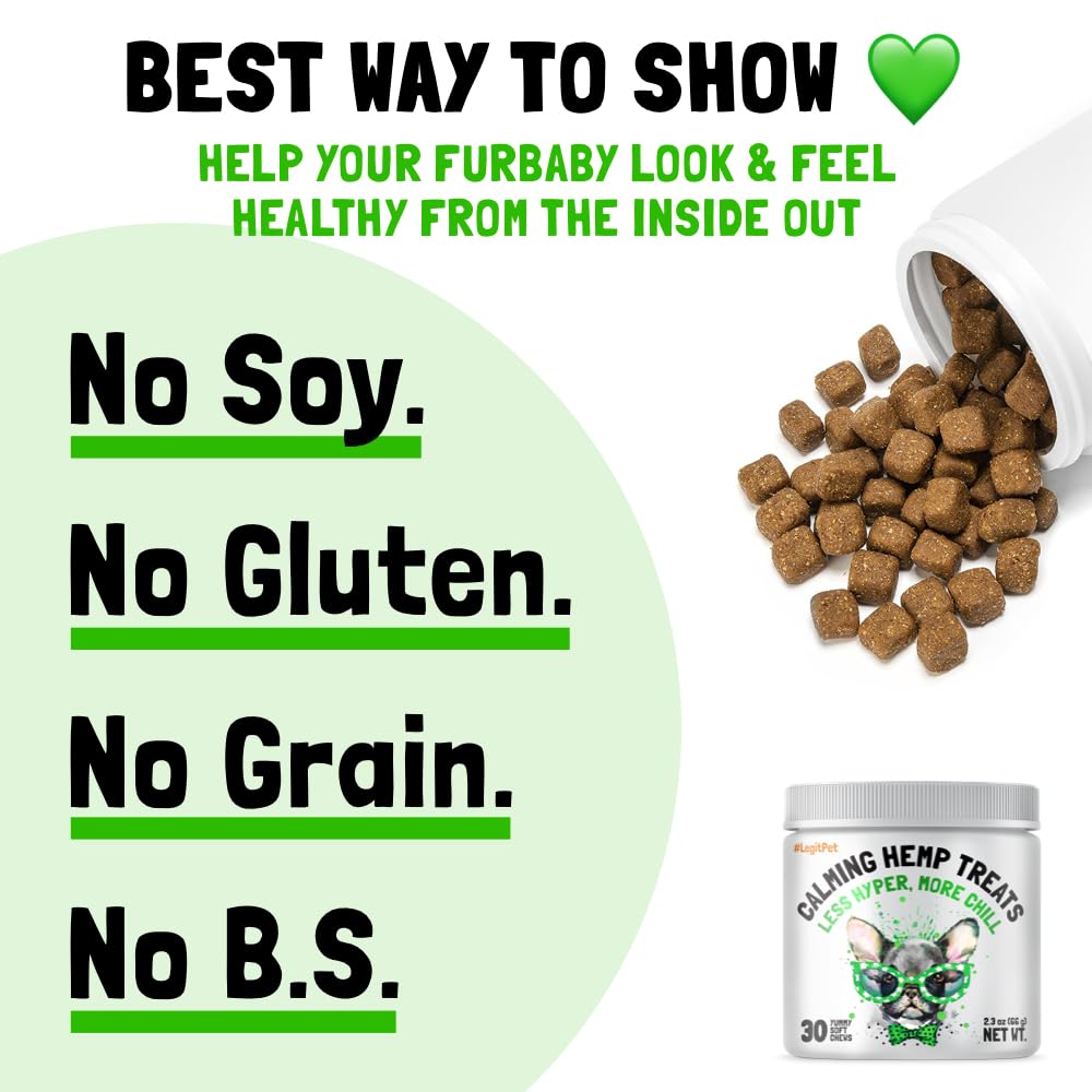 Calming Hemp Treats for Dogs Made in USA Organic Hemp Natural Separation Aid Helps with Barking, Chewing, Thunder, Fireworks, Aggressive Behavior Soothing Stress Relief Natural Relaxation 30 Chews