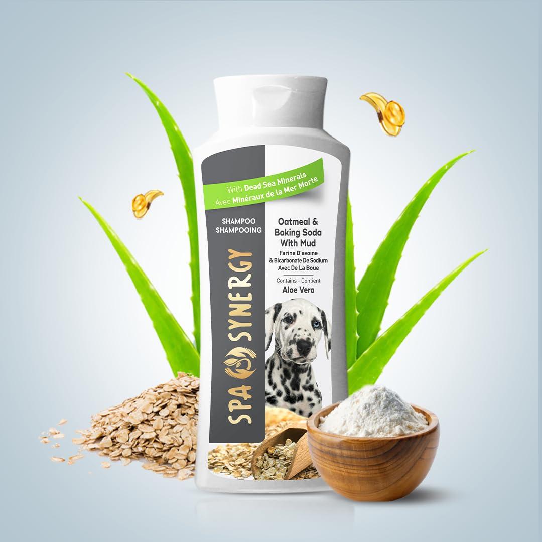 Spa Synergy Pet Dog Shampoo Mud and Natural Dead Sea Mineral Rich, Aloe Vera & Vitamin-E, Soothing Dry & Itchy Skin, Soften & Shiny Coat, Moisturizing - Oatmeal & Baking Soda - (1) Bottle 16.5 FL OZ