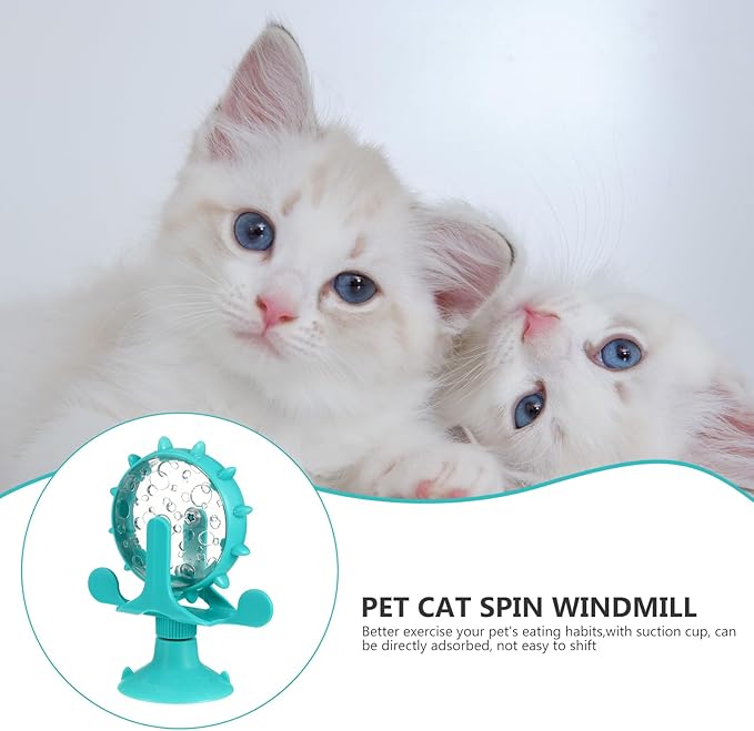 iplusmile Interactive Cat Treats Dispenser Toy, 360° Rotating Windmill Toys, Fun Pet Cat Food Puzzle Toy for Bored Indoor, Exercise Wheel Feeder Toy with Suction Cup, Blue