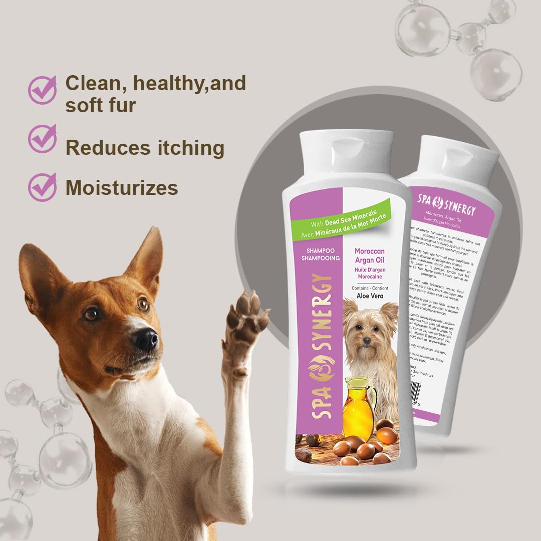 Spa Synergy Pet Dog Shampoo Natural Dead Sea Mineral Rich, Aloe Vera & Vitamin-E, Soothing Anti-itching, Soften, Moisturizing - Moroccan Argan Oil - (1) Bottle 16.5 FL OZ
