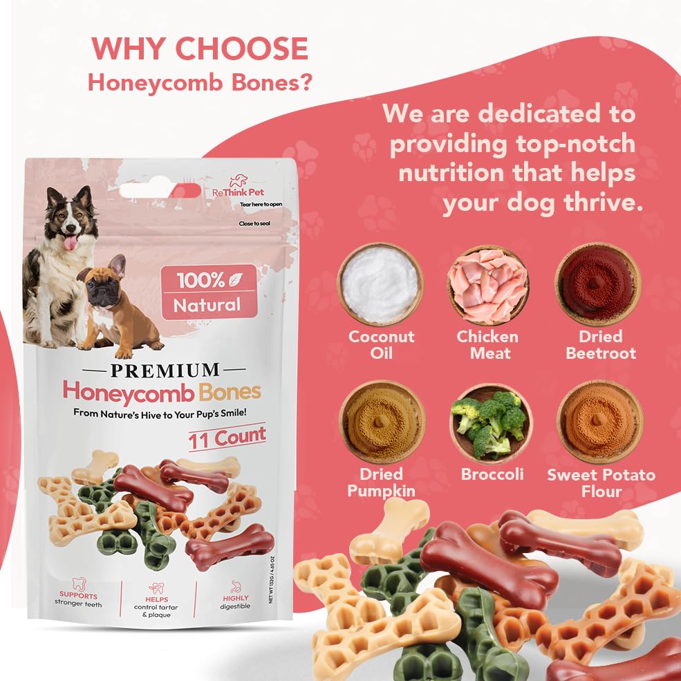 ReThink Pet Premium Honeycomb Bone Treats for Dogs, Highly Digestible & Natural Dog Treats with Irresistible Flavor That Help Reduce Plaque & Tartar Buildup, 11 Count