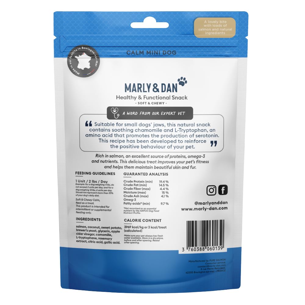 Marly & Dan Small Breed Calming Dog Treats for Small Dogs, Functional Mini Dog Treats Made in France with Salmon, Chamomile, and Sweet Potato for Anxiety, Stress, & Relaxation, 3.5 oz Bag